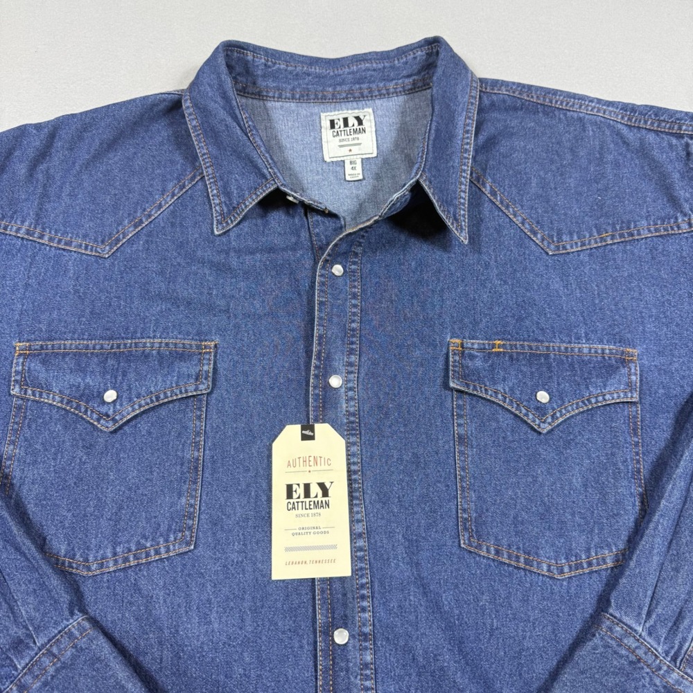 Ely Cattleman Mens Big 4X Blue Denim Western Pearl Snap Long Sleeve Shirt NWT